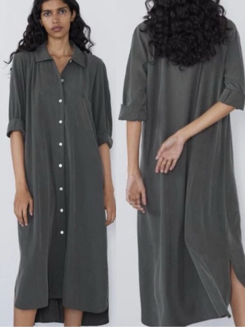NWT Zara Charcoal Gray Button Down Shirt Dress High Low Small Viscose S Collared